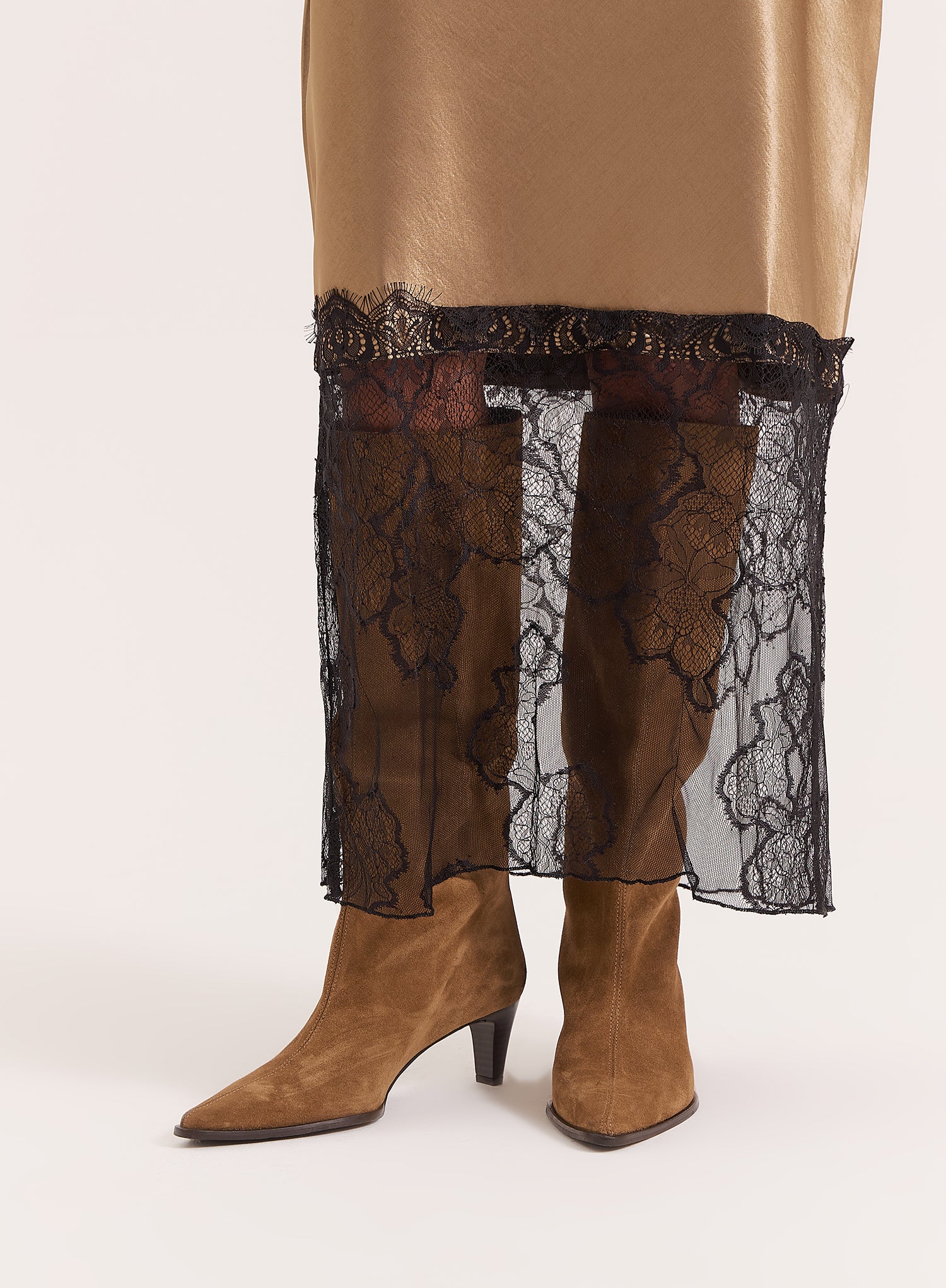 Khaki Satin Lace Trim Maxi Dress